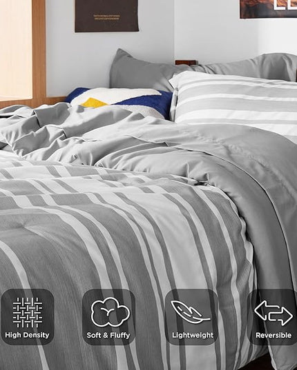 Bedsure Twin Comforter Set 5 Pieces, Gray White Striped Twin Bedding Sets All Season Bed Set, Twin Bed in a Bag with Comforter, Sheets, Pillowcase & Sham - LeafyLoom