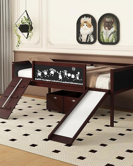 Twin Size Low Loft Bed with Slide and 2 Storage Boxes,Kids Low Loft Bed Frame with Climbing and Chalkboard,Solid Loft Bed Twin for Boys,Girls,Espresso - LeafyLoom