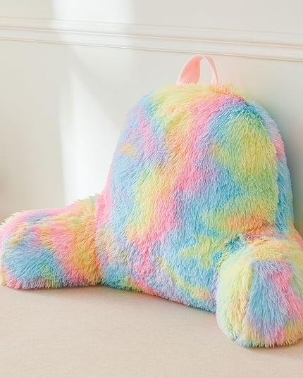 XeGe Fluffy Back Support Pillow Cover for Bed (No Filler), Tie Dye Faux Fur Backrest Pillow Case, Furry Reading Pillow Cover with Arms Adults Kids Girls, Fuzzy Sit Up Study Pillow for Floor, Rainbow - LeafyLoom