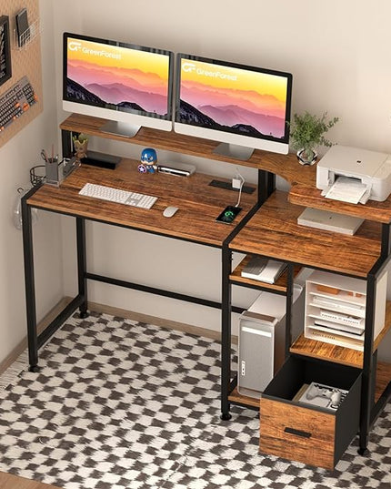 GreenForest 55 inch Computer Desk with Drawers and Outlets, Home Office Desk with Storage and Printer Shelf, Work Desk with Fabric File Drawer, Study Desk with Monitor Stand, Computer Table, Walnut - LeafyLoom