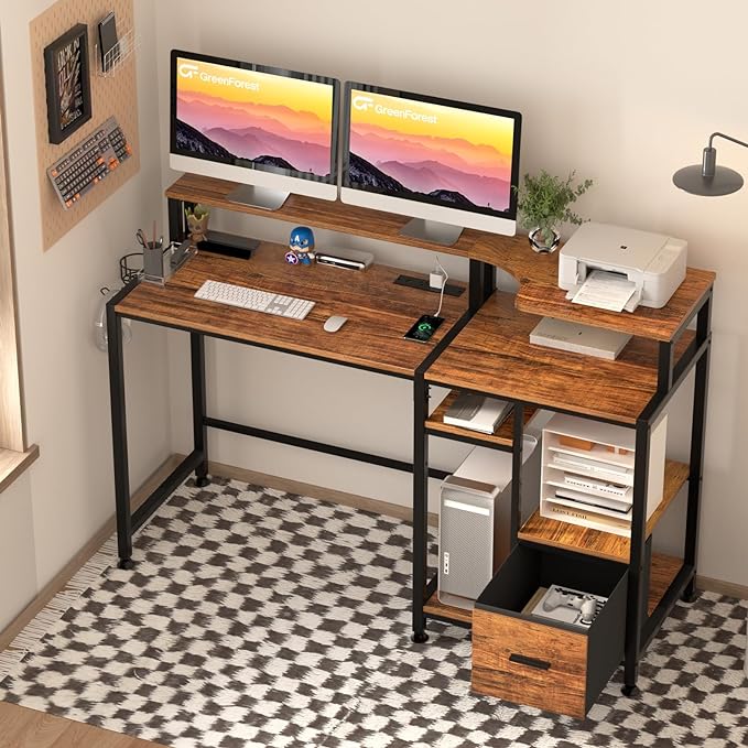 GreenForest 55 inch Computer Desk with Drawers and Outlets, Home Office Desk with Storage and Printer Shelf, Work Desk with Fabric File Drawer, Study Desk with Monitor Stand, Computer Table, Walnut - LeafyLoom