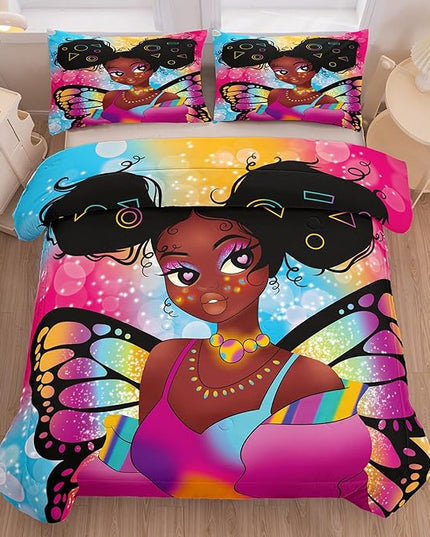 Tailor Shop Fantasy Black Girl Comforter Set Rainbow Butterfly Twin Size Bedding Sets for Girls Kids Kawaii Magic African American Black Girl Bedding Set with 1 Pillowcase Girls Room Decor - LeafyLoom