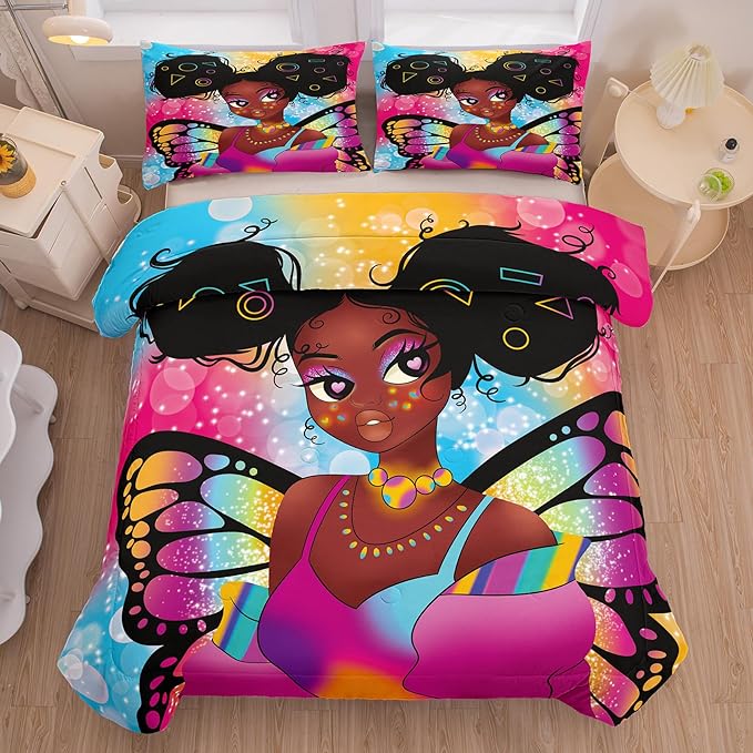 Tailor Shop Fantasy Black Girl Comforter Set Rainbow Butterfly Twin Size Bedding Sets for Girls Kids Kawaii Magic African American Black Girl Bedding Set with 1 Pillowcase Girls Room Decor - LeafyLoom