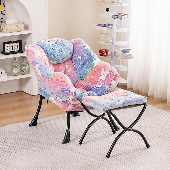 Welnow Toddler Kids Lazy Chair with Ottoman, Glow in The Dark Accent Comfy Lounge Children Armchair Couch with Removable Cover, Detachable Reading Chair with Footrest for Boy or Girl - LeafyLoom