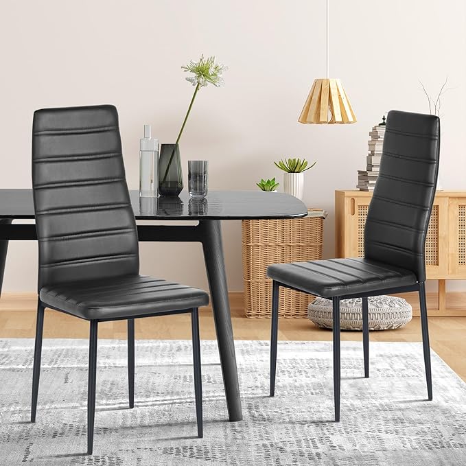 PU Leather Chair Set of 4, High Back Dining Seat with Soft Padded & Foot Cap Protection for Home Kitchen Living Room, 300lbs Capacity, Black - LeafyLoom