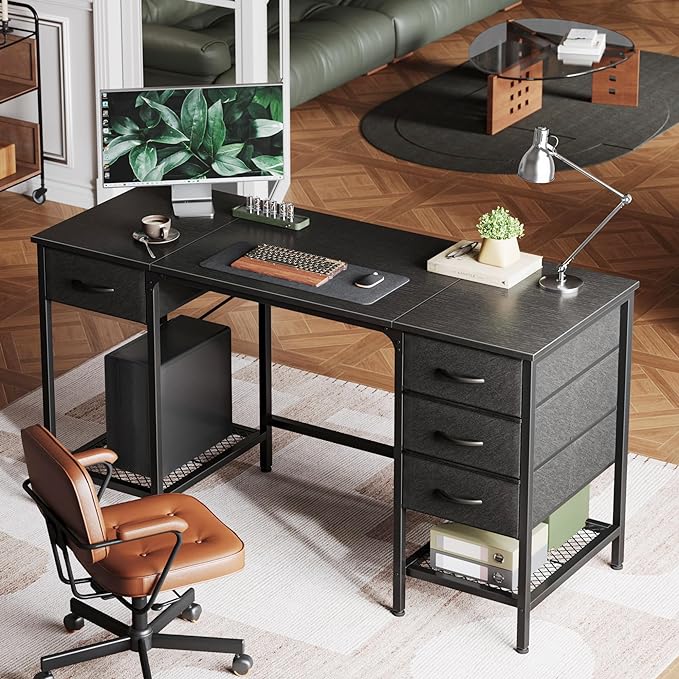 55 Inch Computer Desk with 4 Drawers, Office Desk with Mesh Shelf, Gaming Desk, Large Storage, Writing Desk Work Desk for Home Office, Study, Bedroom, Work from Home, Black - LeafyLoom