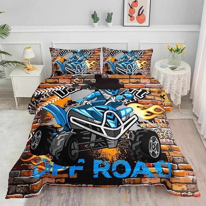Axolotl Quad Bike Bedding Set Twin,Dirt Bike Comforter Set,Extreme Sports Bedding Set,Sports Theme Comforter Set,Tractor Truck Bedding,Motorcycle Comforter for Kids Boys Teens,1 Quilt 2 Pillowcases - LeafyLoom