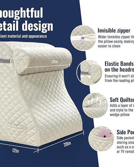 Bed Wedge Pillow, Reading Pillow Adult, Wedge pillow for Sleeping, Back Pillow for Sitting in Bed with Adjustable Roller, Foam Wedge Pillow for Neck, Lumbar, Back, Light Brown, Velvet - LeafyLoom