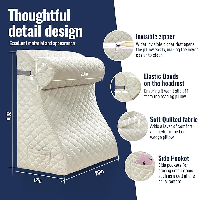 Bed Wedge Pillow, Reading Pillow Adult, Wedge pillow for Sleeping, Back Pillow for Sitting in Bed with Adjustable Roller, Foam Wedge Pillow for Neck, Lumbar, Back, Light Brown, Velvet - LeafyLoom