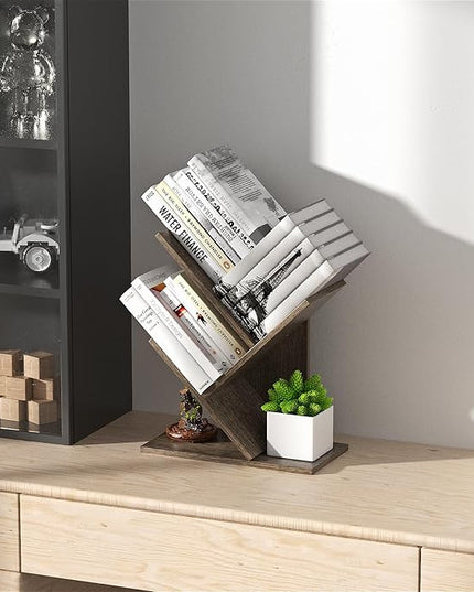 3 Tier Small Tree Bookshelf Storage Organizer Shelves Floor Standing Bookcase Desk Wood Storage Rack for Home Office Living Room Bedroom Display for Book Magazine CD manga Oak Grey - LeafyLoom
