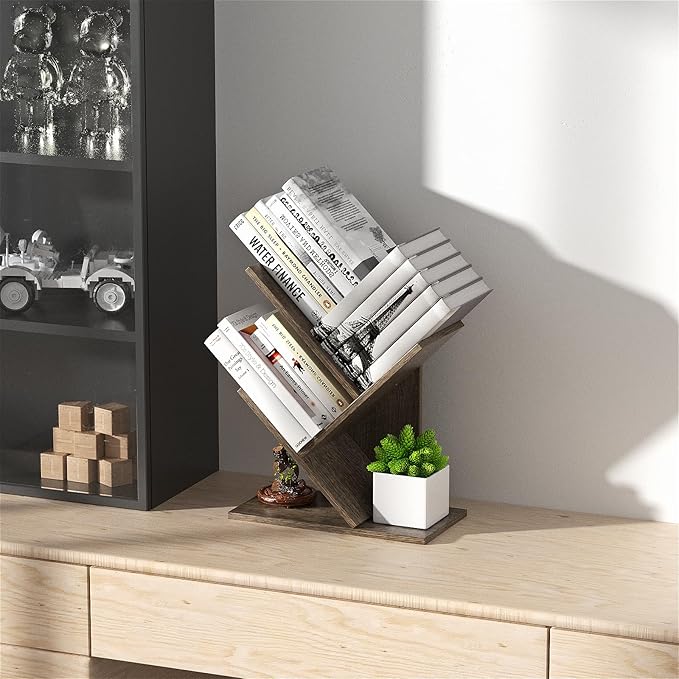 3 Tier Small Tree Bookshelf Storage Organizer Shelves Floor Standing Bookcase Desk Wood Storage Rack for Home Office Living Room Bedroom Display for Book Magazine CD manga Oak Grey - LeafyLoom
