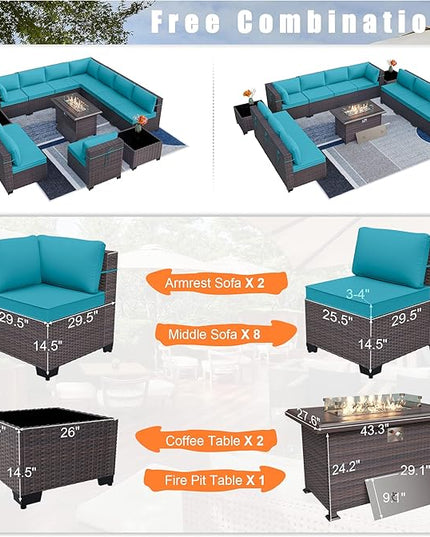 Patio Furniture Set with Fire Pit Table 13 PCS Outdoor Sectional Furniture Outdoor Rattan Patio Conversation Sets with 43in 55,000 BTU Propane Gas Fire Pit Table Glass Table, Blue - LeafyLoom