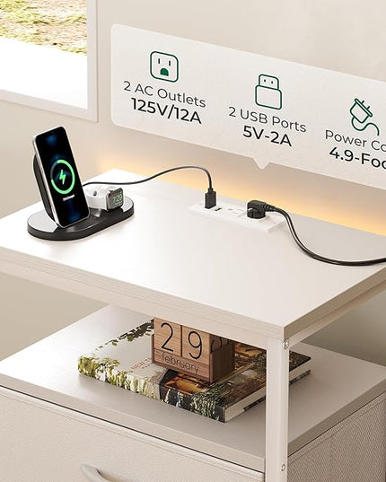 Nightstands Set of 2, End Tables with Charging Station, Side Tables with Fabric Drawers, Bedside Tables with USB Ports and Outlets, Night Stands for Bedroom, White - LeafyLoom