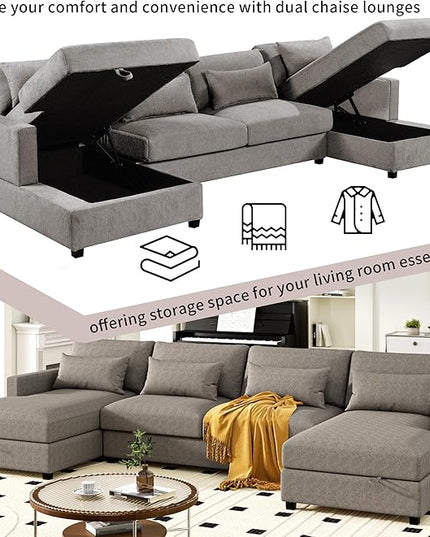 UBGO Modular Sectiona Oversized, Living Room Furniture Sets, couches with 2 Chaise w/Storage 4 Lumbar Support Pillows Space Dorm Apartment-Gray, 128.3" Large U-Shape Sectional Sofa, Grey a - LeafyLoom