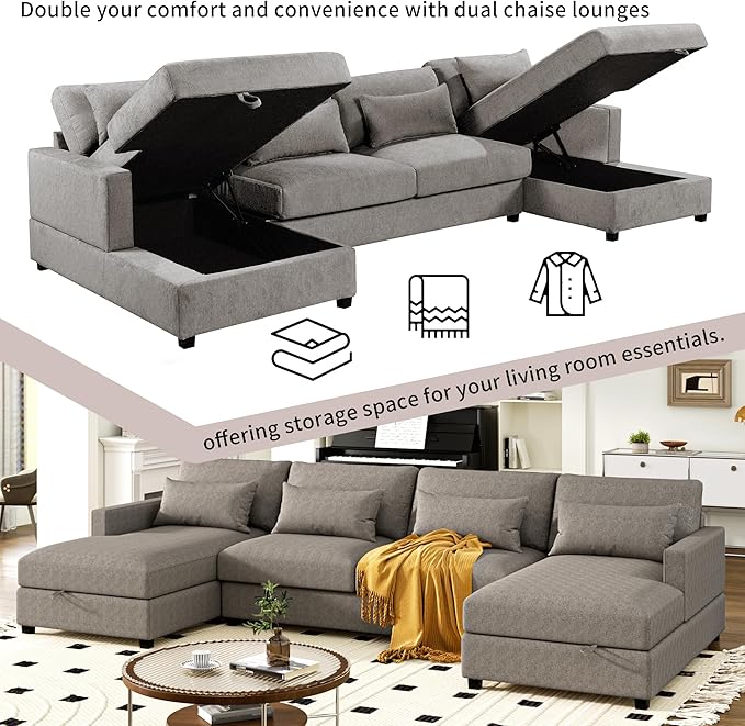 UBGO Modular Sectiona Oversized, Living Room Furniture Sets, couches with 2 Chaise w/Storage 4 Lumbar Support Pillows Space Dorm Apartment-Gray, 128.3" Large U-Shape Sectional Sofa, Grey a - LeafyLoom