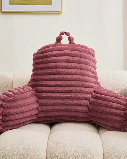 WERDIM Reading Pillow for Sitting in Bed, Faux Fur Back Pillow for Bed Rest, Bed Chair Pillow with Arms and Pockets(Standard, Dusty Rose) - LeafyLoom
