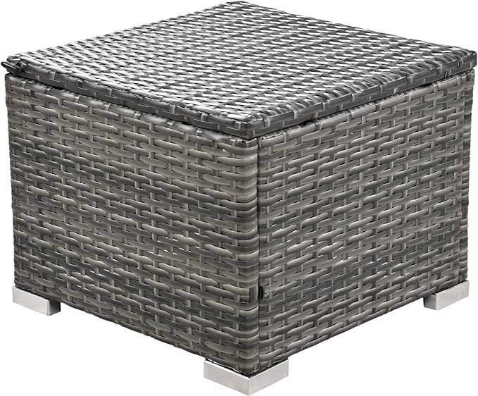 9-Pieces Outdoor Rattan Sectional Sofa Set, Wicker Patio Conversation Furniture with L-shape Couch&Storage Ottomans, Acacia Wood Coffee Table, for Garden Yard, Grey Wicker&Grey Cushion - LeafyLoom