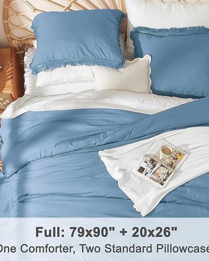 Litanika Grayish Blue Comforter Full Size, Boho Tassel Comforter Aesthetic 3 Pieces, Lightweight Fringe Microfiber Bedding Set for All Season(1 Comforter 79x90 inch, 2 Pillowcases) - LeafyLoom