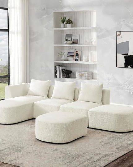 L Shape Sectional Sofa with Left Side Chaise and Removable Ottoman, Upholstered Modular Couch w/Pillows for Living Room, Office, DIY Combination, Loop Yarn Fabric, Beige, 113" - LeafyLoom