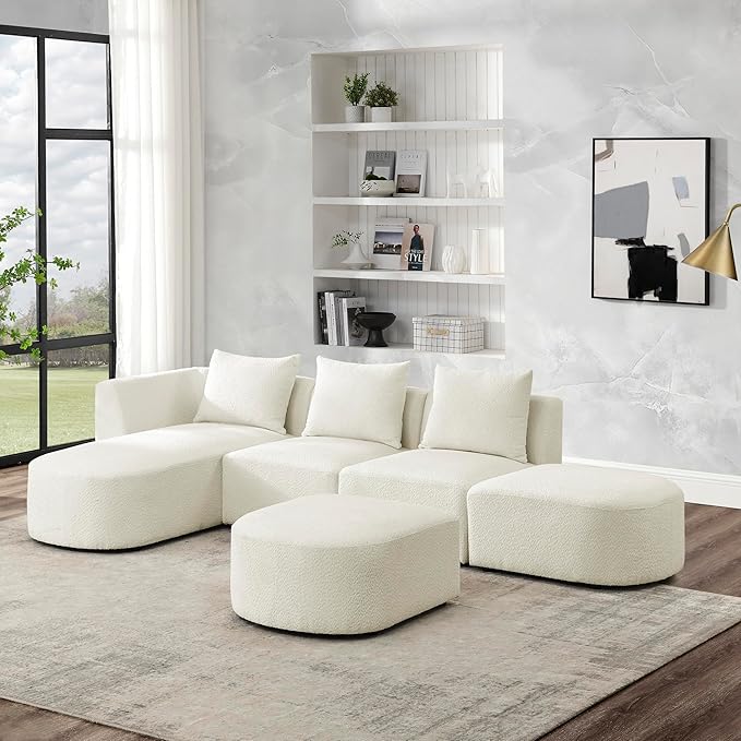 L Shape Sectional Sofa with Left Side Chaise and Removable Ottoman, Upholstered Modular Couch w/Pillows for Living Room, Office, DIY Combination, Loop Yarn Fabric, Beige, 113" - LeafyLoom