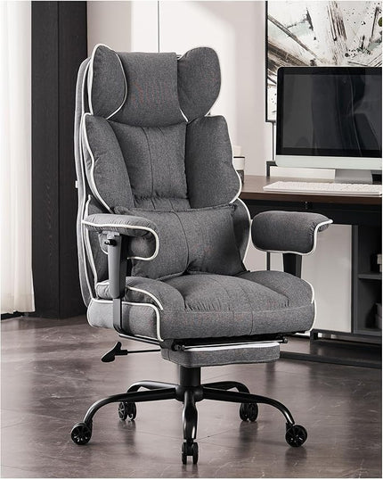 Fabric Office Chair, Big and Tall Office Chair 400 lb Weight Capacity, High Back Executive Office Chair with Foot Rest, Ergonomic Office Chair for Back Pain Relief, Gray - LeafyLoom