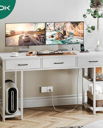 AODK 55 Inch Computer Desk with Fabric Drawers & Power Outlets, Office Desk with Storage Shelves & CPU Stand, Study Table, Writing Desk for Bedroom, White - LeafyLoom