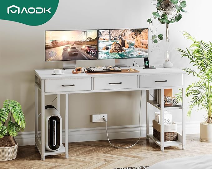 AODK 55 Inch Computer Desk with Fabric Drawers & Power Outlets, Office Desk with Storage Shelves & CPU Stand, Study Table, Writing Desk for Bedroom, White - LeafyLoom