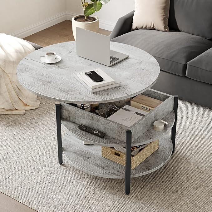 FABATO Round Lift Top Coffee Table, 35.43’’ Circle Coffee Table with Storage for Living Room Reception Room, Farmhouse 2 Tier Large Round Dining Table, Wood, Gray - LeafyLoom