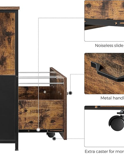 VASAGLE Lateral File Cabinet with Open Shelves and Drawer, for A4, Letter and Legal Sized Documents, Printer Stand, Rustic Brown + Black - LeafyLoom
