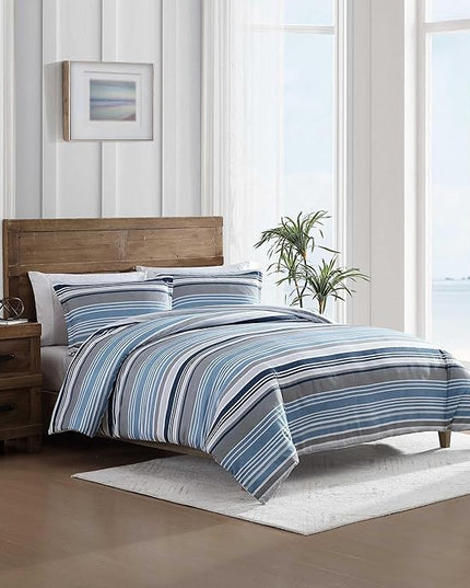 Nautica - King Comforter Set, Luxuriously Soft Seersucker Textured Bedding with Matching Shams, Wrinkle-Free Striped Home Decor (Bradlee Blue, King) - LeafyLoom
