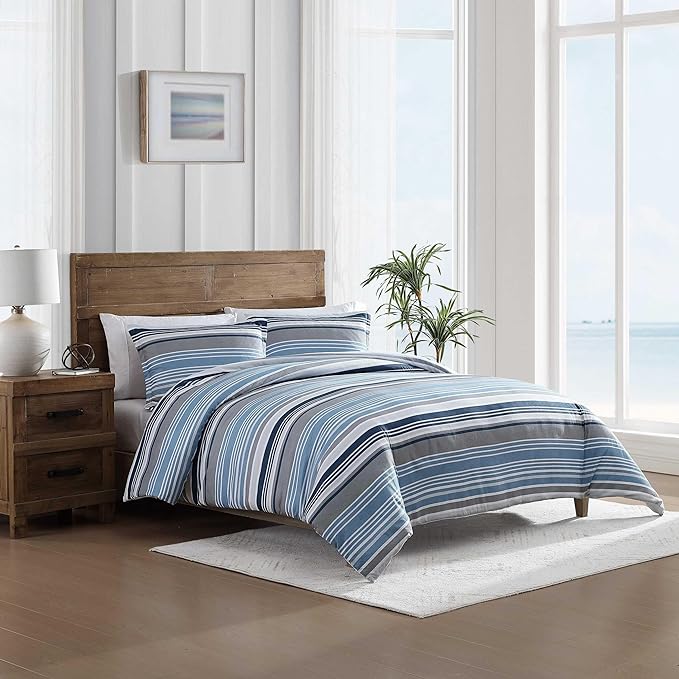 Nautica - King Comforter Set, Luxuriously Soft Seersucker Textured Bedding with Matching Shams, Wrinkle-Free Striped Home Decor (Bradlee Blue, King) - LeafyLoom