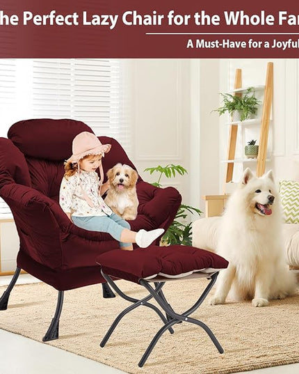 Lazy Chair with Folding Ottoman, Accent Chair Velvet Upholstered with Metal Structure and Non-Slip Pads, Sofa Armchair with Footrest and Side Storage Bag for Dorm, Room, Office, Burgundy - LeafyLoom