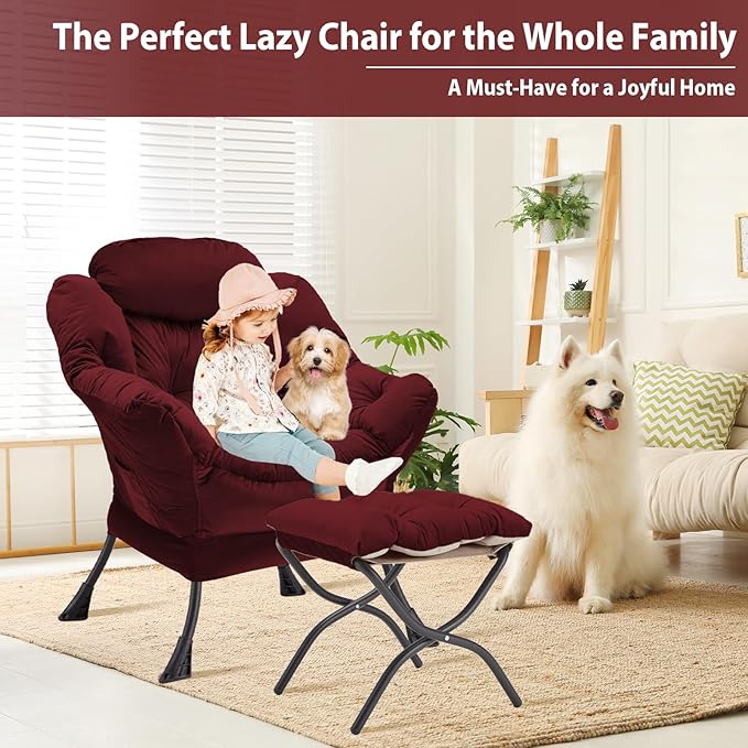 Lazy Chair with Folding Ottoman, Accent Chair Velvet Upholstered with Metal Structure and Non-Slip Pads, Sofa Armchair with Footrest and Side Storage Bag for Dorm, Room, Office, Burgundy - LeafyLoom