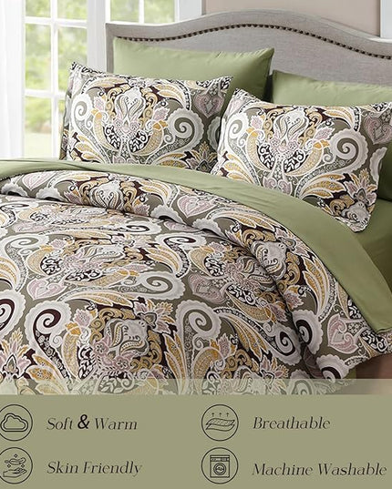Yiran Sage Green Paisley Comforter Set King 7 Pieces Bed in a Bag Boho Comforter Lightweight Microfiber Bedding Set (1 Comforter, 1 Flat Sheet, 1 Fitted Sheet, 2 Pillowcases, 2 Pillow Shams) - LeafyLoom