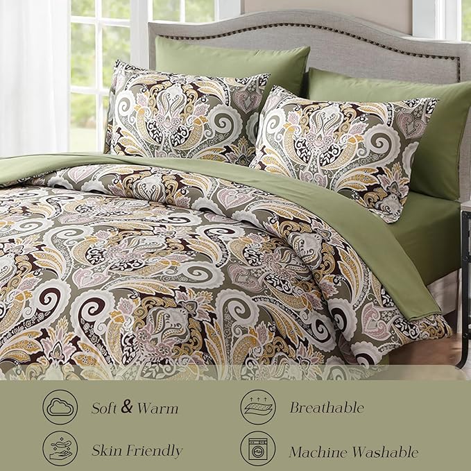 Yiran Sage Green Paisley Comforter Set Queen 7 Pieces Bed in a Bag Boho Comforter Lightweight Microfiber Bedding Set (1 Comforter, 1 Flat Sheet, 1 Fitted Sheet, 2 Pillowcases, 2 Pillow Shams) - LeafyLoom