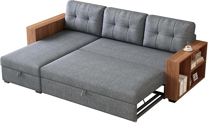 Convertible Sectional Couch with Pull Out Bed and Storage Chaise,L Shaped Sleeper Sofa W/Storage Cabinet Armrests & Removable Back Cushions,Living Room Furniture,for Home,Office,Light Grey,84" - LeafyLoom