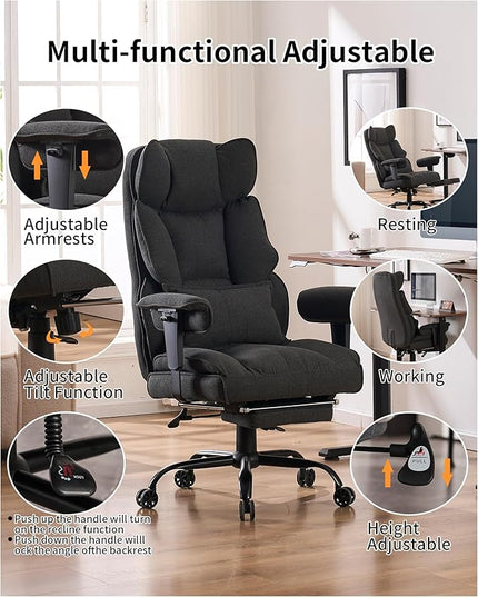 Fabric Office Chair, Big and Tall Office Chair 400 lb Weight Capacity, High Back Executive Office Chair with Foot Rest, Ergonomic Office Chair for Back Pain Relief, Dark Grey - LeafyLoom