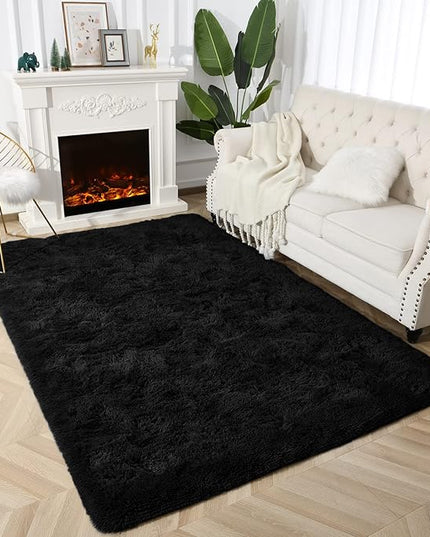 Super Soft Fluffy Shaggy Rugs 5x8 Feet for Living Room Bedroom, Fuzzy Plush Area Rugs for Girls Kids Room Nursery Home Decor, Furry Dorm Rug Cute Non-Slip Indoor Floor Carpet, Black - LeafyLoom