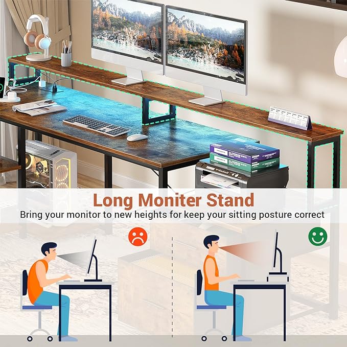 Aheaplus L Shaped Desk with File Drawer, 66" Reversible L Shaped Computer Desk with Power Outlet & LED Strip, Gaming Desk with Monitor Stand, Office Desk Corner Desk with Storage Shelf, Rustic Brown - LeafyLoom