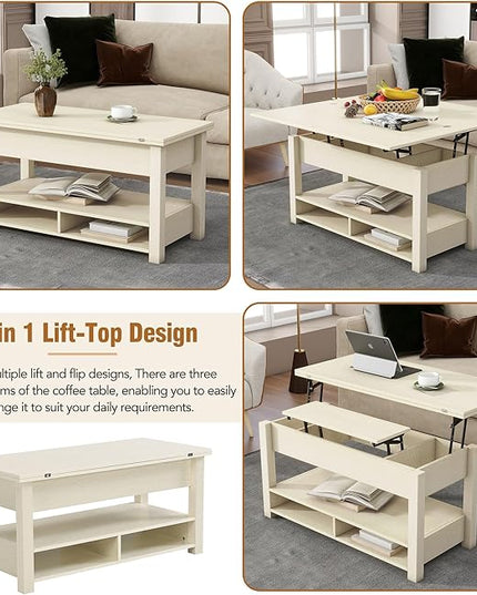 Lift Top Coffee Table, 3 in 1 Lift-Top Design Coffee Table with Open Shelves, Modern Center Tables for Living Room, Home, Office, Rustic Ivory - LeafyLoom
