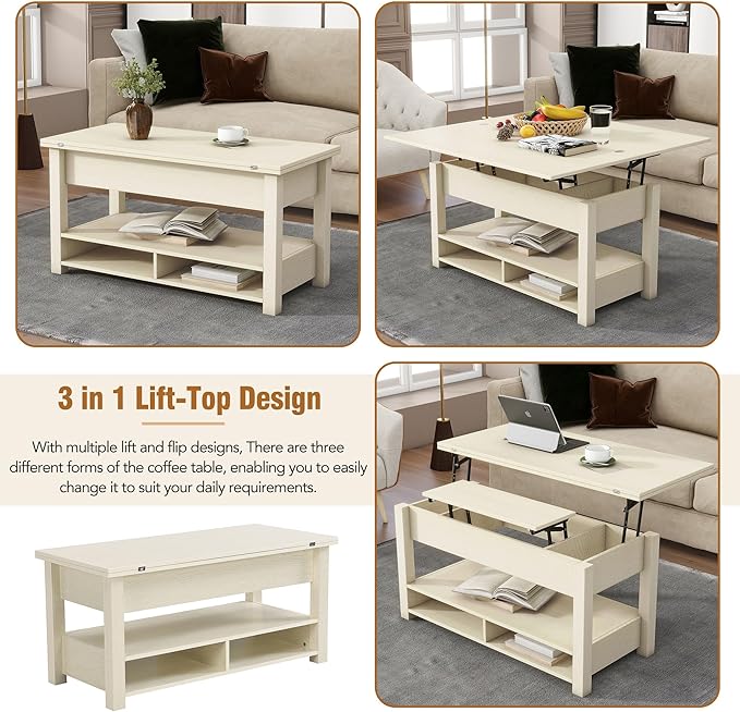 Lift Top Coffee Table, 3 in 1 Lift-Top Design Coffee Table with Open Shelves, Modern Center Tables for Living Room, Home, Office, Rustic Ivory - LeafyLoom