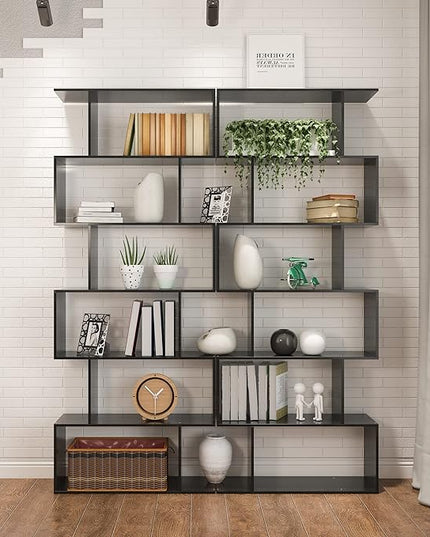 Yusong Bookshelf 6-Tier, Geometric Bookcase S Shaped Book Shelves for Bedroom, Modern Wood Decorative Display Shelf Tall Book Case for Home Office, Black - LeafyLoom