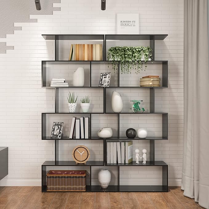 Yusong Bookshelf 6-Tier, Geometric Bookcase S Shaped Book Shelves for Bedroom, Modern Wood Decorative Display Shelf Tall Book Case for Home Office, Black - LeafyLoom
