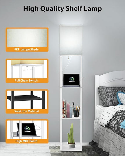 Evajoy Floor Lamp with Shelves, Smart RGB Floor Lamps Work with Alexa, with 2 USB Ports & 1 AC Output, Modern 4-tier Lamp for Display Storage, Floor Lamps for Living Room, Bedroom, Office,White - LeafyLoom