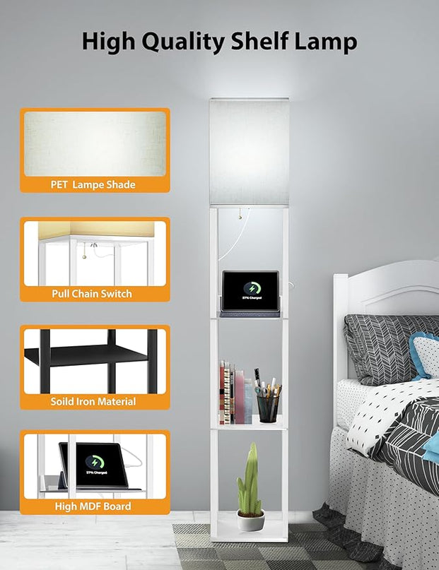 Evajoy Floor Lamp with Shelves, Smart RGB Floor Lamps Work with Alexa, with 2 USB Ports & 1 AC Output, Modern 4-tier Lamp for Display Storage, Floor Lamps for Living Room, Bedroom, Office,White - LeafyLoom