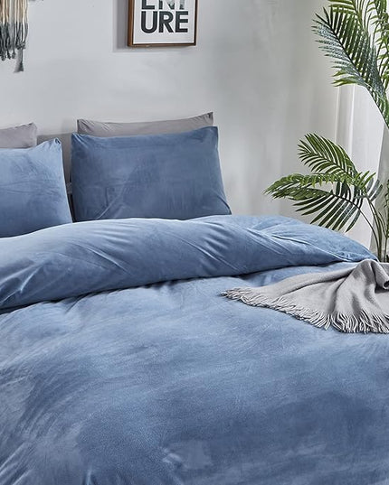 Wellboo Blue Velvet Bedding Comforter Sets California King Adults Men Solid Lake Blue Fluffy Comforters Cotton Women Plain Haze Blue Flannel Quilts Cal King Micromink Sherpa Blankets Aesthetic Bed - LeafyLoom