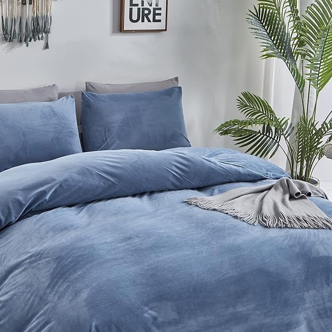 Wellboo Blue Velvet Bedding Comforter Sets California King Adults Men Solid Lake Blue Fluffy Comforters Cotton Women Plain Haze Blue Flannel Quilts Cal King Micromink Sherpa Blankets Aesthetic Bed - LeafyLoom