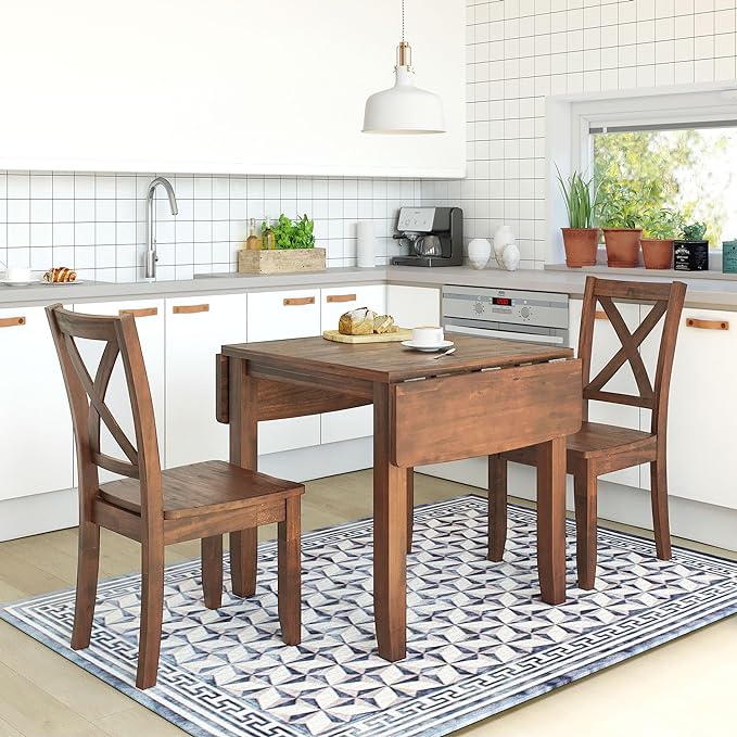 Dining Room Table Set for 2, 3-Piece Wood Kitchen Table Set with Drop Leaf and 2 X-back Chairs, Breakfast Nook Dining Table Set for Small Place, Brown - LeafyLoom