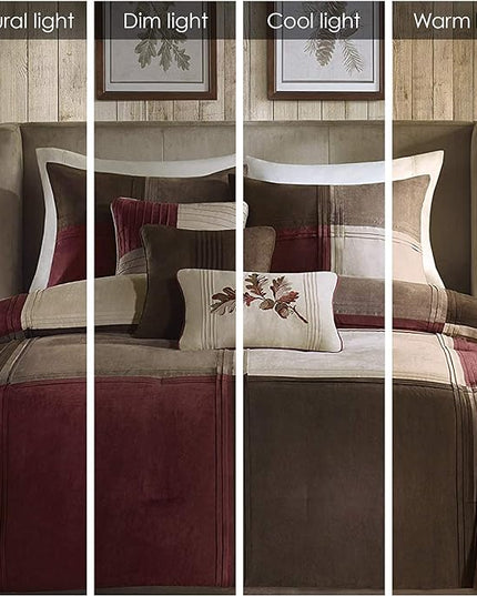 Madison Park Cozy Comforter Set Casual Design All Season, Matching Bed Skirt, Decorative Pillows, California King (104 in x 92 in), Jackson Blocks Red/Brown, 7 Piece - LeafyLoom
