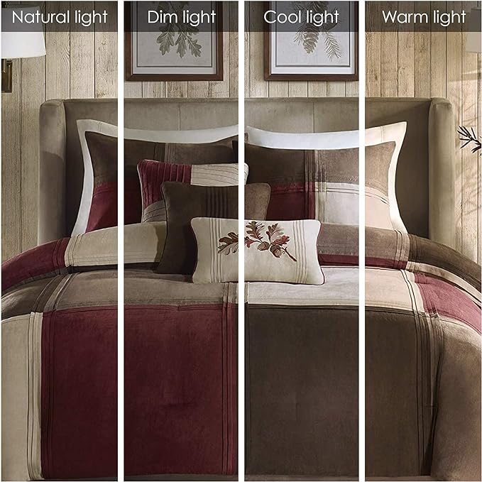 Madison Park Cozy Comforter Set Casual Design All Season, Matching Bed Skirt, Decorative Pillows, California King (104 in x 92 in), Jackson Blocks Red/Brown, 7 Piece - LeafyLoom